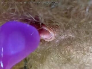 Bunny vibrator test masturbation POV closeup erected big clit wet orgasm hairy pussy