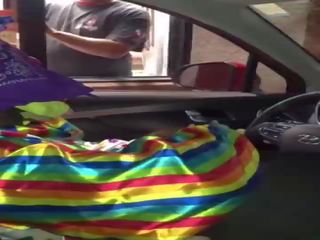 Clown gets pecker sucked while ordering food