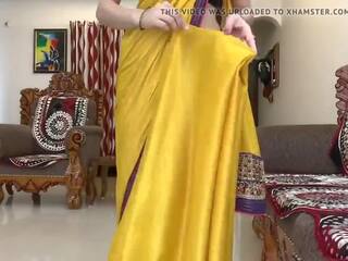 Indian Desi Bhabhi Wearing Yellow Saree Front of Devar