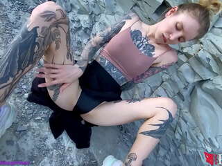 Tattooed schoolgirl Fingering Pussy by the Sea - Outdoor