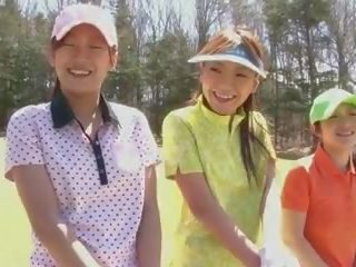 Golf strumpet gets teased and creamed by two adolescents